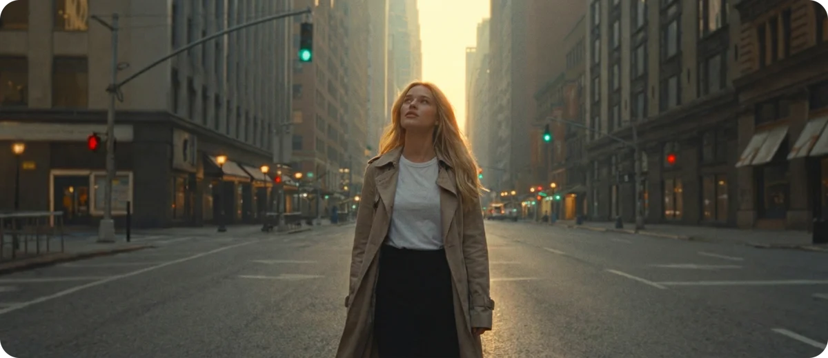 Person walking through a city street in daylight