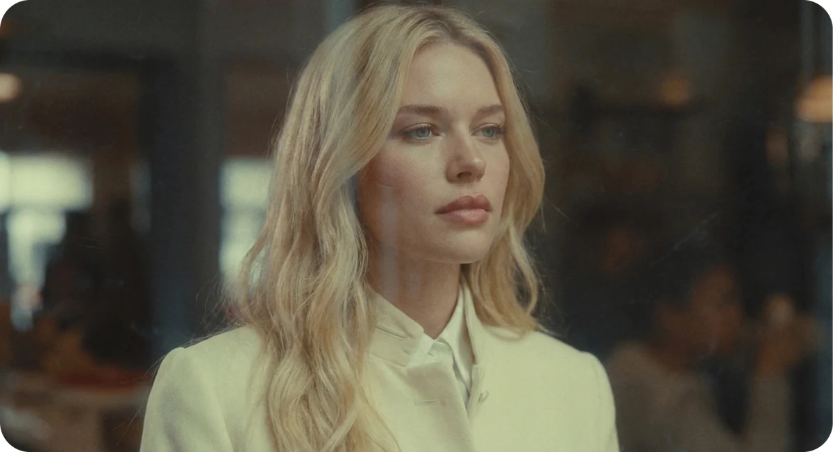 Warm interior portrait in a cream shirt
