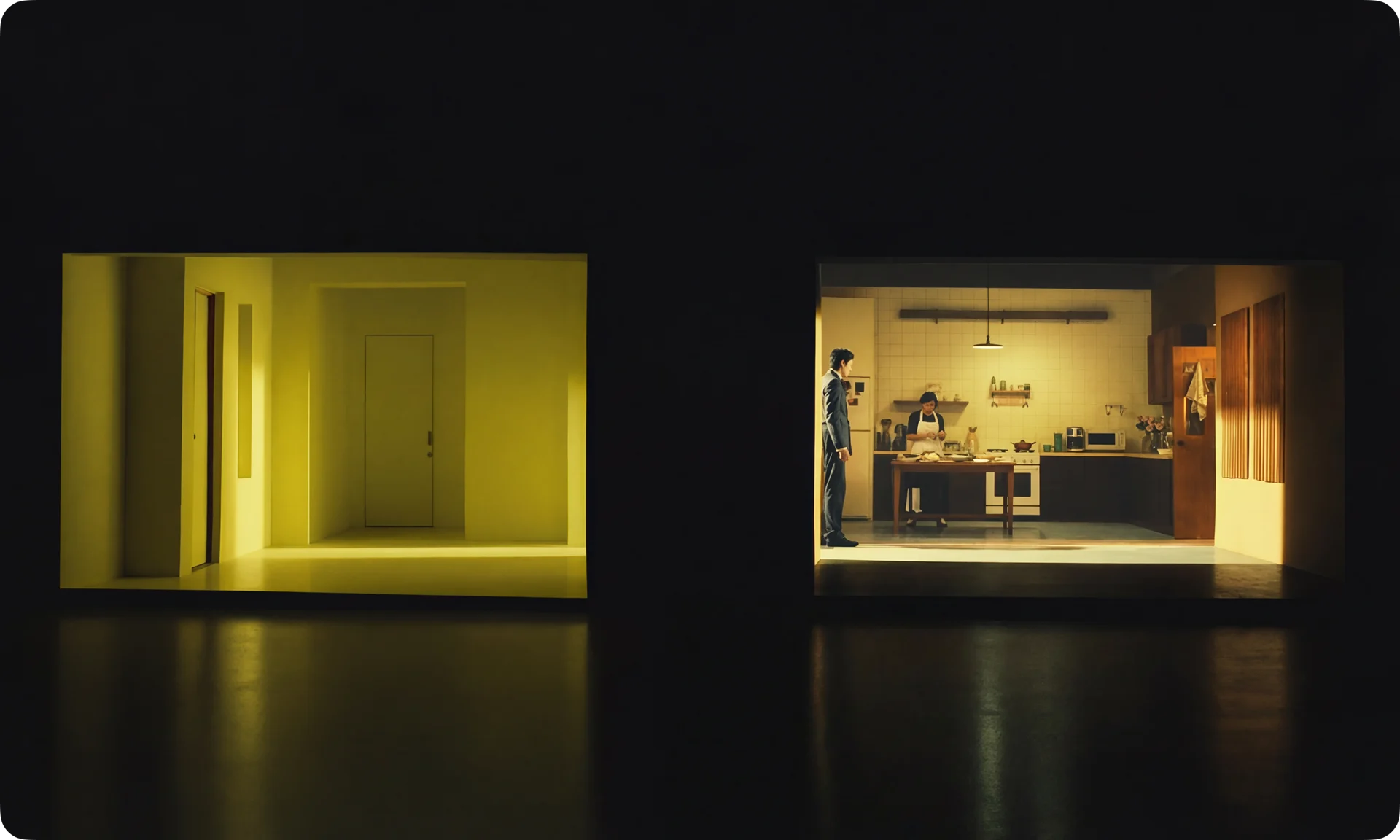 Two paired interior frames in contrasting colour grading