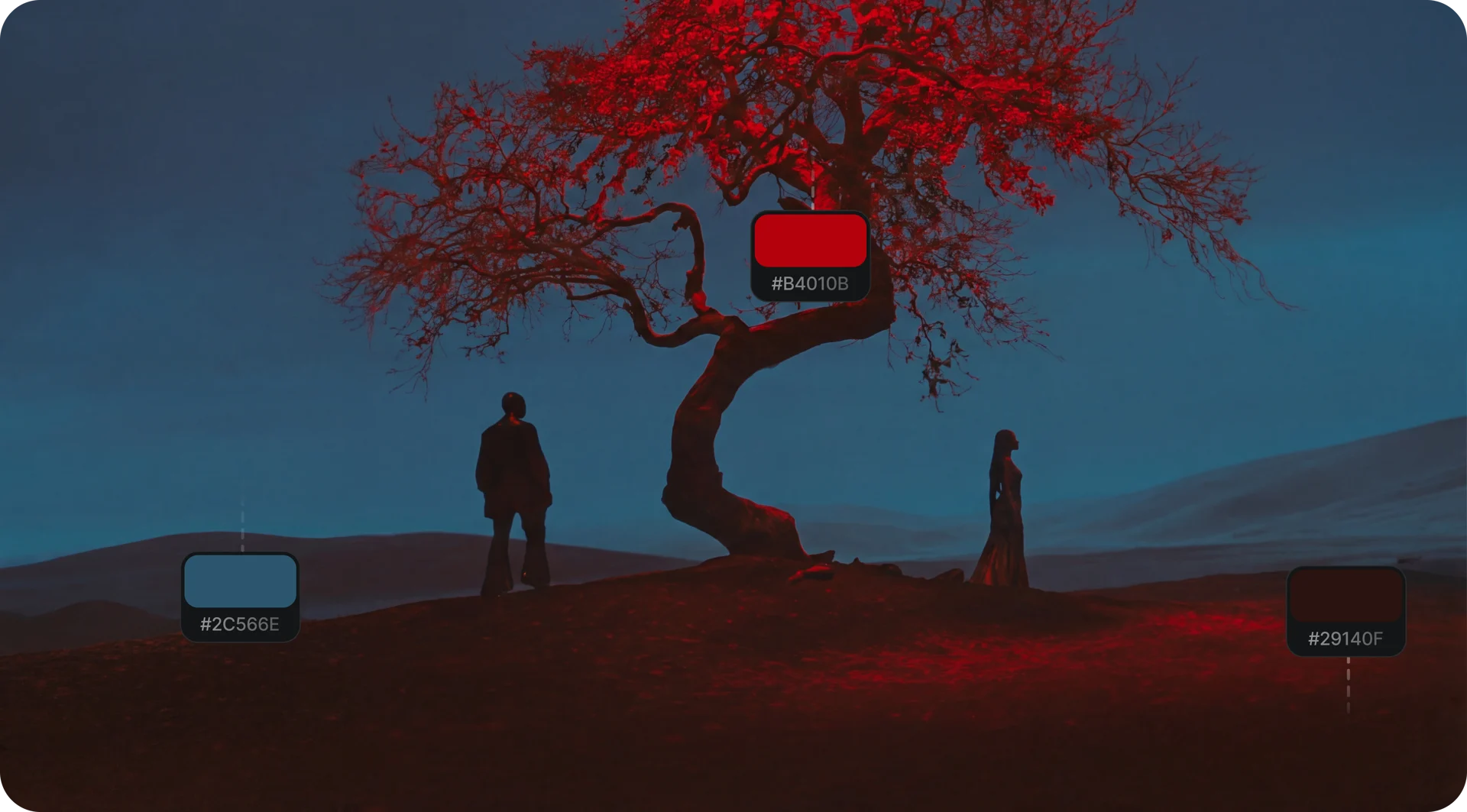 Two silhouettes under a red-lit tree with hex colour chips overlaid